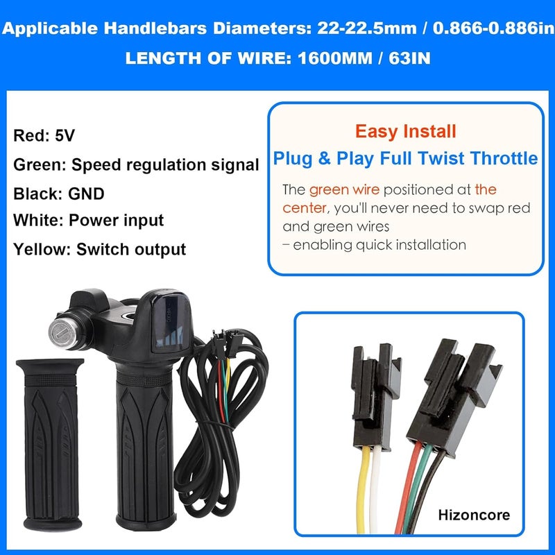 Hizoncore Ebike Full Twist Throttle Fits Ridstar Q20, 48V Plug and Play Throttle 3 Pin Easy Installation, LCD Display with Key Lock, Throttle Grips for Ebike Motorcycle Scooter - Image 4